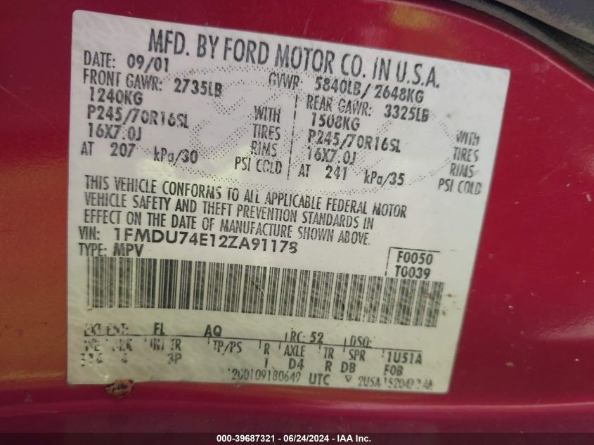 2002 Ford Explorer Eddie Bauer VIN: 1FMDU74E12ZA91178 Lot: 39687321