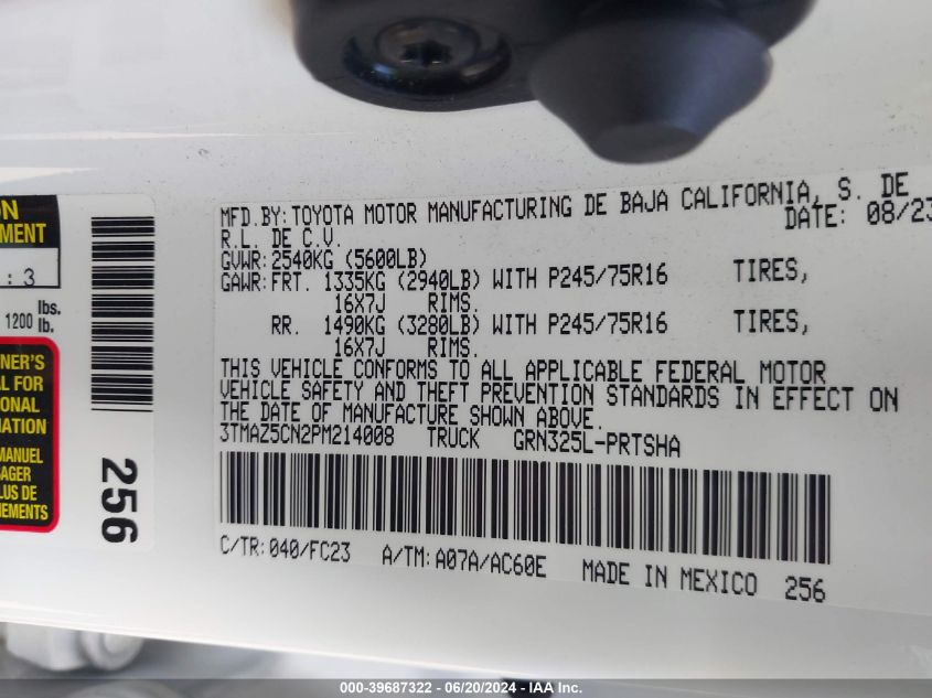 2023 Toyota Tacoma Sr5 V6 VIN: 3TMAZ5CN2PM214008 Lot: 39687322