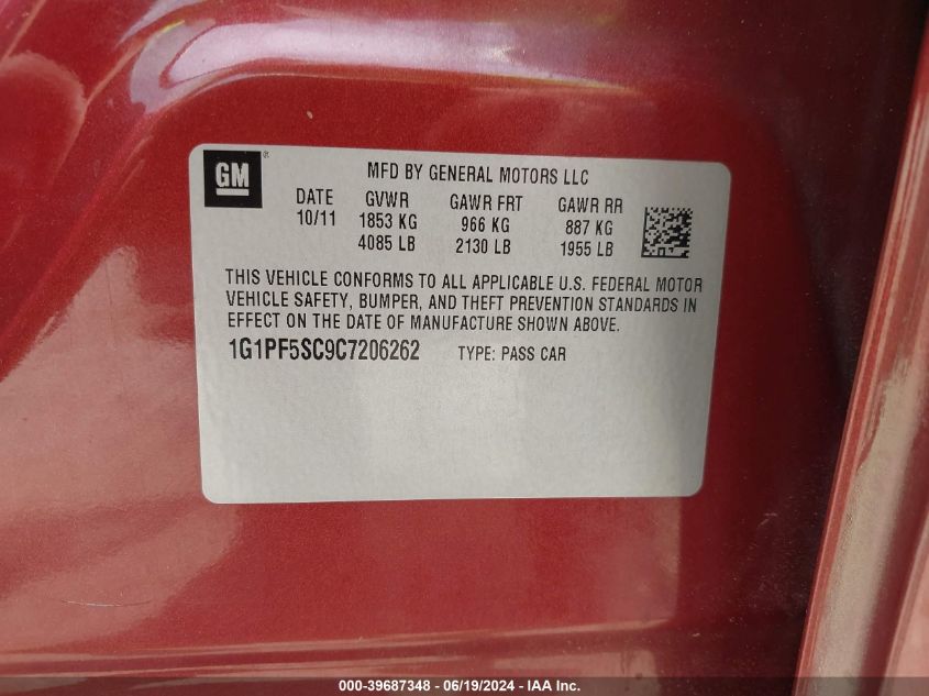 2012 Chevrolet Cruze Lt VIN: 1G1PF5SC9C7206262 Lot: 39687348