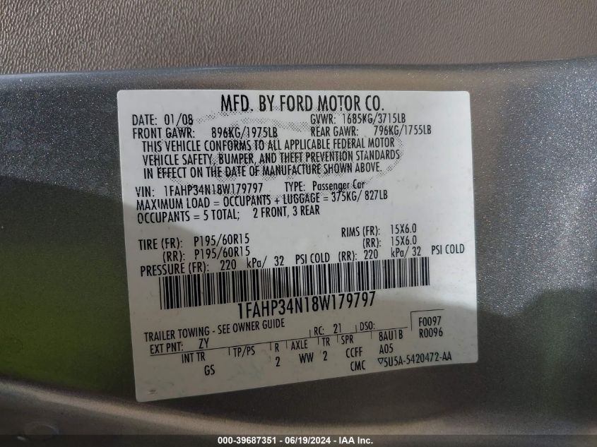 2008 Ford Focus S VIN: 1FAHP34N18W179797 Lot: 39687351