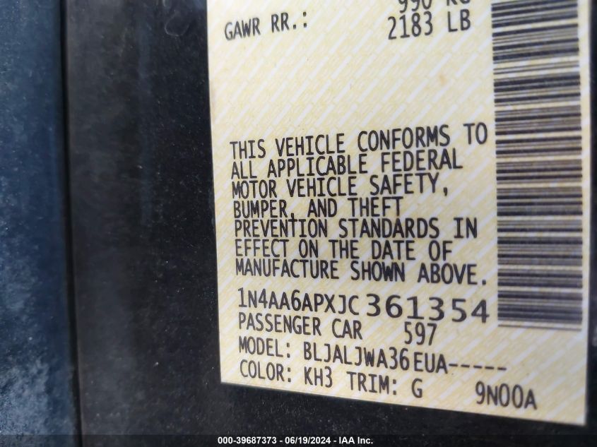 2018 Nissan Maxima 3.5 Sv VIN: 1N4AA6APXJC361354 Lot: 39687373