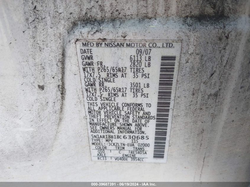 2008 Nissan Pathfinder Se VIN: 5N1AR18B18C630685 Lot: 39687391