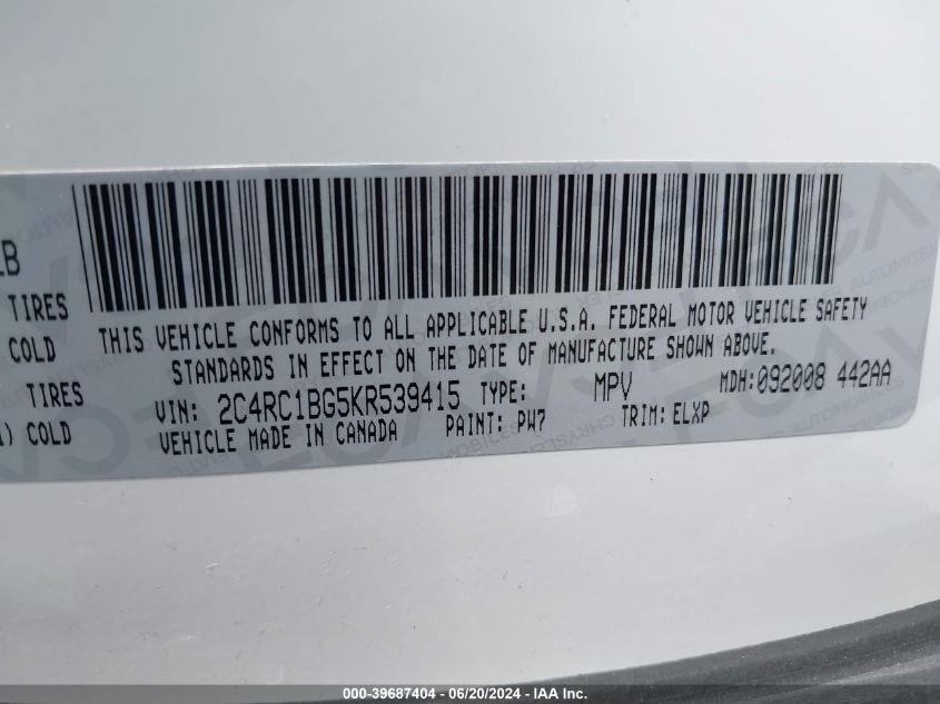 2C4RC1BG5KR539415 2019 Chrysler Pacifica Touring L