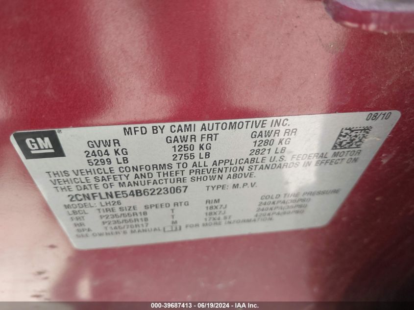 2011 Chevrolet Equinox 2Lt VIN: 2CNFLNE54B6223067 Lot: 39687413