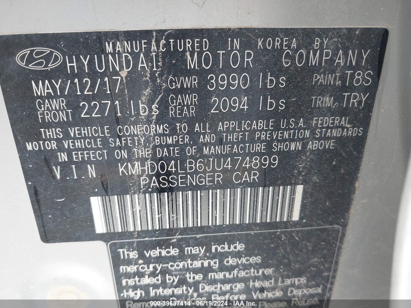 VIN KMHD04LB6JU474899 2018 HYUNDAI ELANTRA SPORT