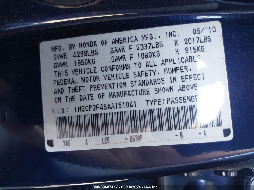 2010 Honda Accord 2.4 Lx-P VIN: 1HGCP2F45AA151041 Lot: 39687417