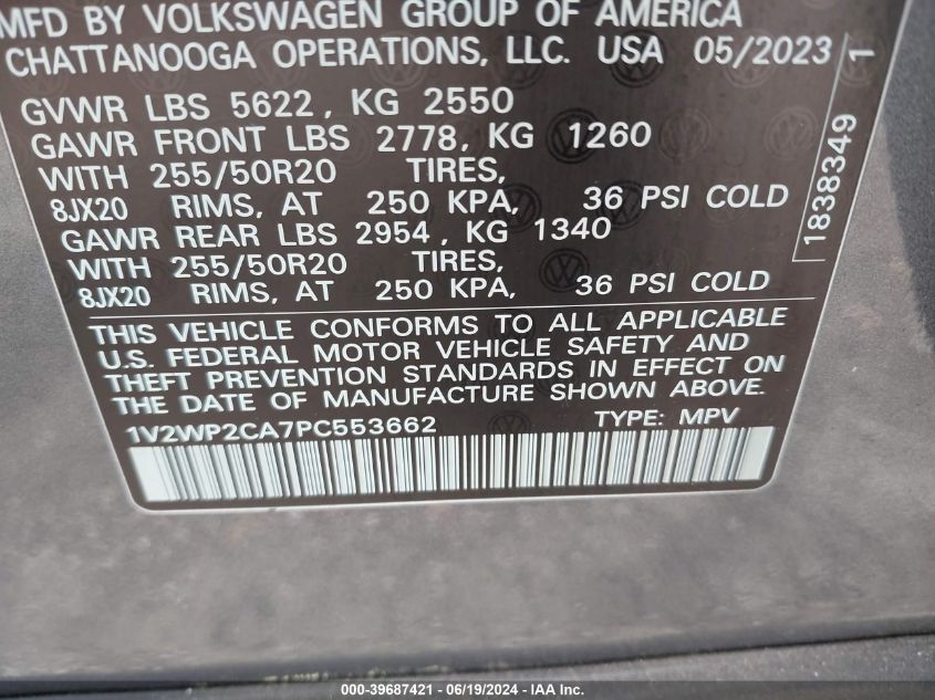 2023 Volkswagen Atlas 2.0T Se W/Technology VIN: 1V2WP2CA7PC553662 Lot: 39687421