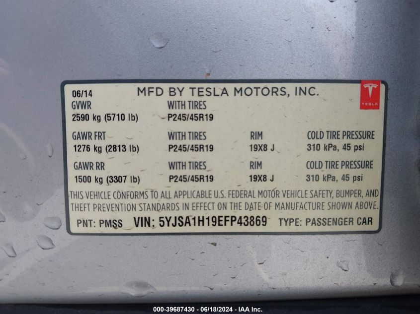 5YJSA1H19EFP43869 2014 Tesla Model S P85