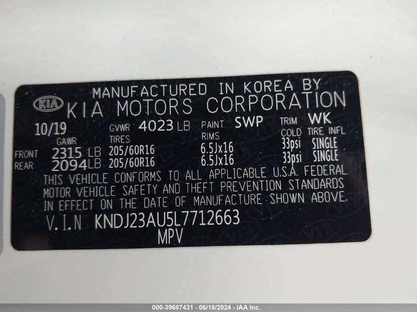 2020 Kia Soul Lx VIN: KNDJ23AU5L7712663 Lot: 39687431