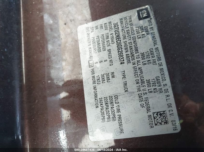 2016 GMC Sierra 1500 Slt VIN: 3GTU2NEC6GG268374 Lot: 39687436