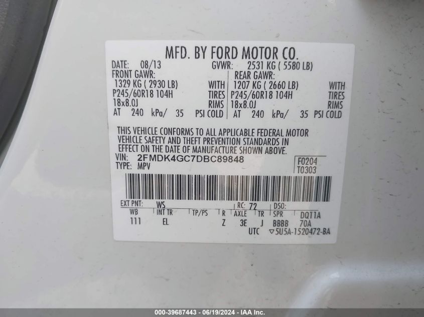 2013 Ford Edge Se VIN: 2FMDK4GC7DBC89848 Lot: 39687443