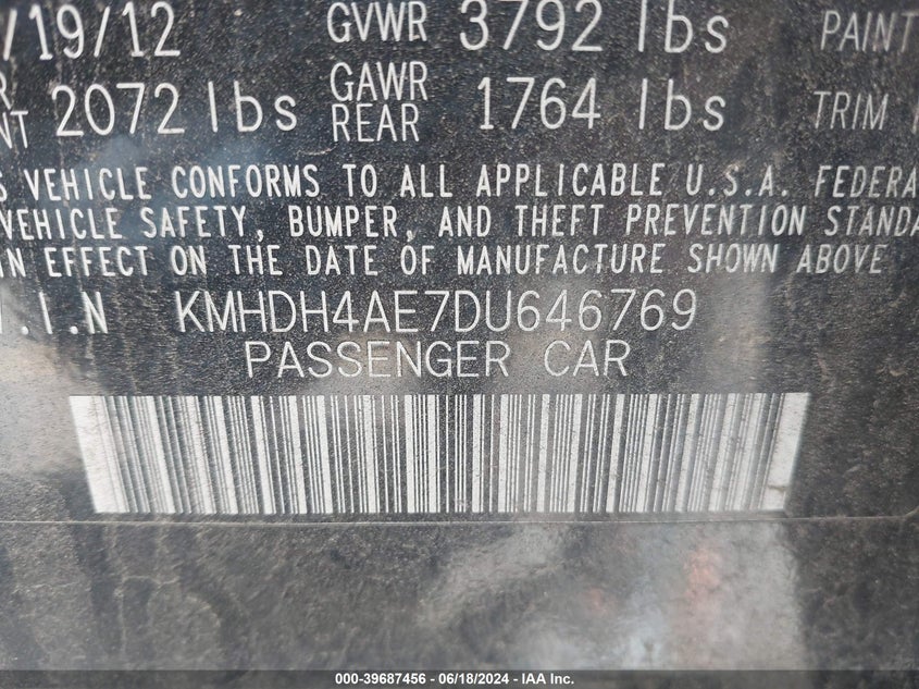 2013 Hyundai Elantra Limited VIN: KMHDH4AE7DU646769 Lot: 39687456