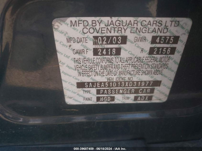 2003 Jaguar X-Type 2.5 VIN: SAJEA51D13XD31977 Lot: 39687459