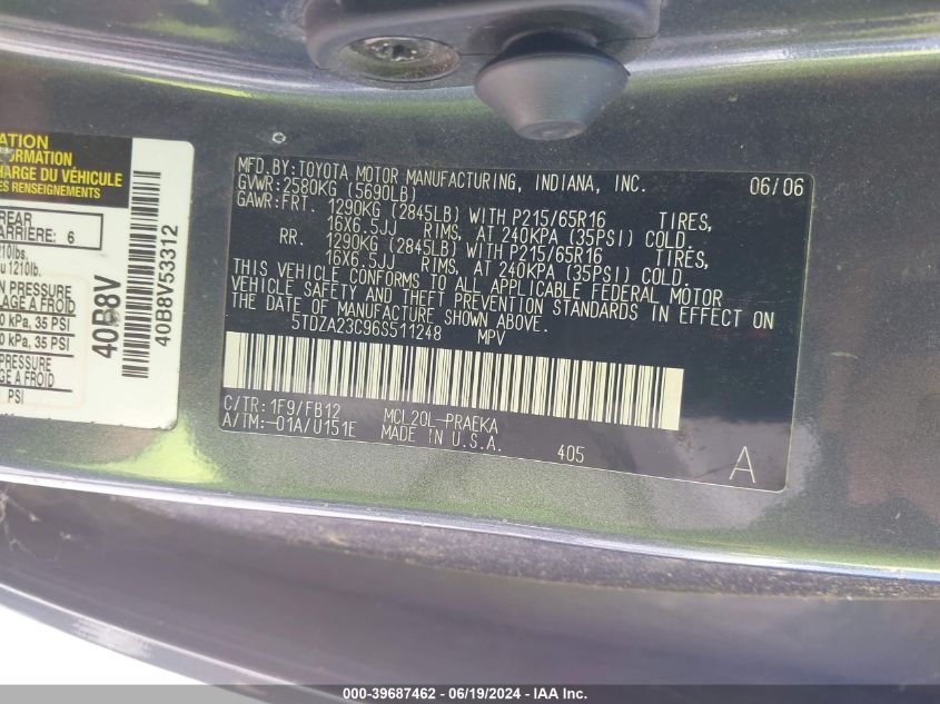 2006 Toyota Sienna Ce VIN: 5TDZA23C96S511248 Lot: 39687462