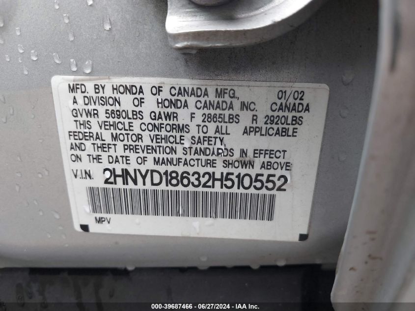 2002 Acura Mdx Touring VIN: 2HNYD18632H510552 Lot: 39687466
