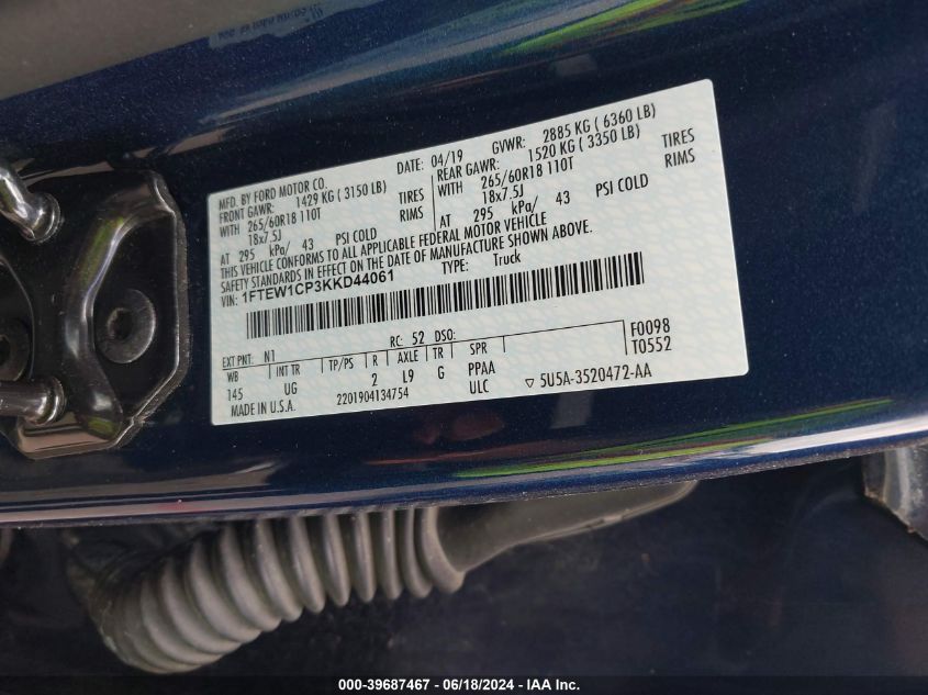 2019 Ford F-150 Xlt VIN: 1FTEW1CP3KKD44061 Lot: 39687467
