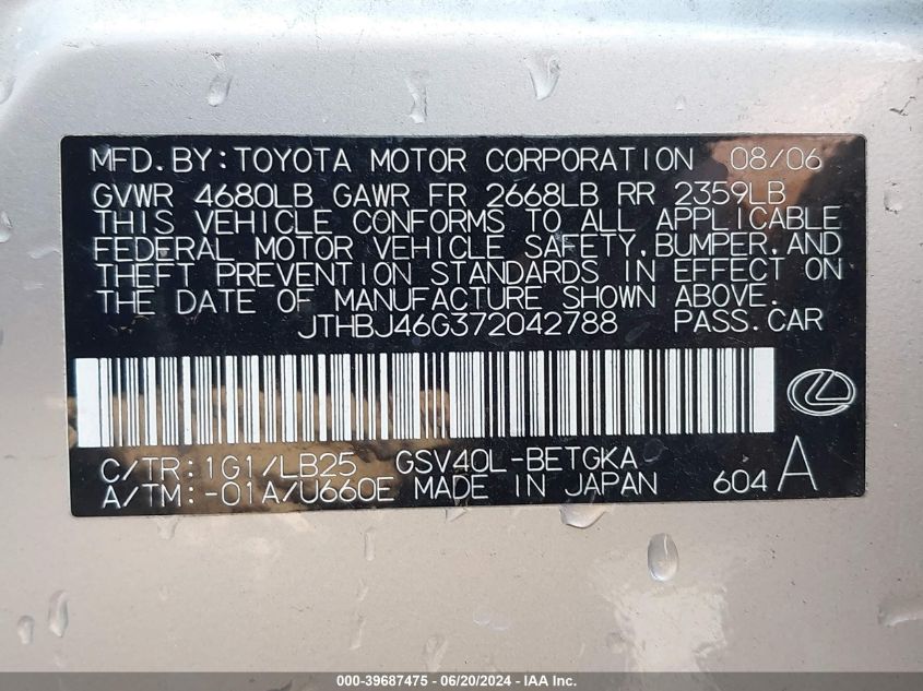 2007 Lexus Es 350 VIN: JTHBJ46G372042788 Lot: 39687475