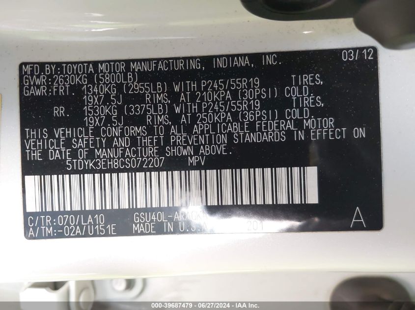 2012 Toyota Highlander Limited V6 VIN: 5TDYK3EH8CS072207 Lot: 39687479