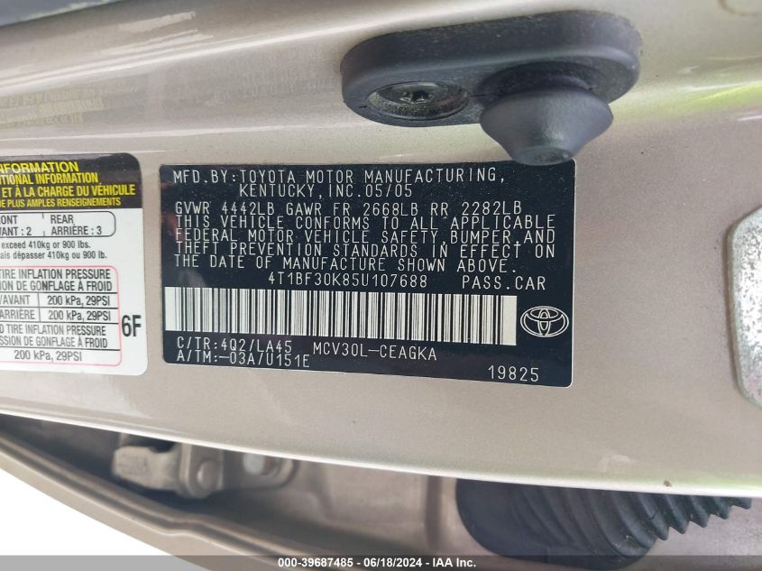 2005 Toyota Camry Xle V6 VIN: 4T1BF30K85U107688 Lot: 39687485