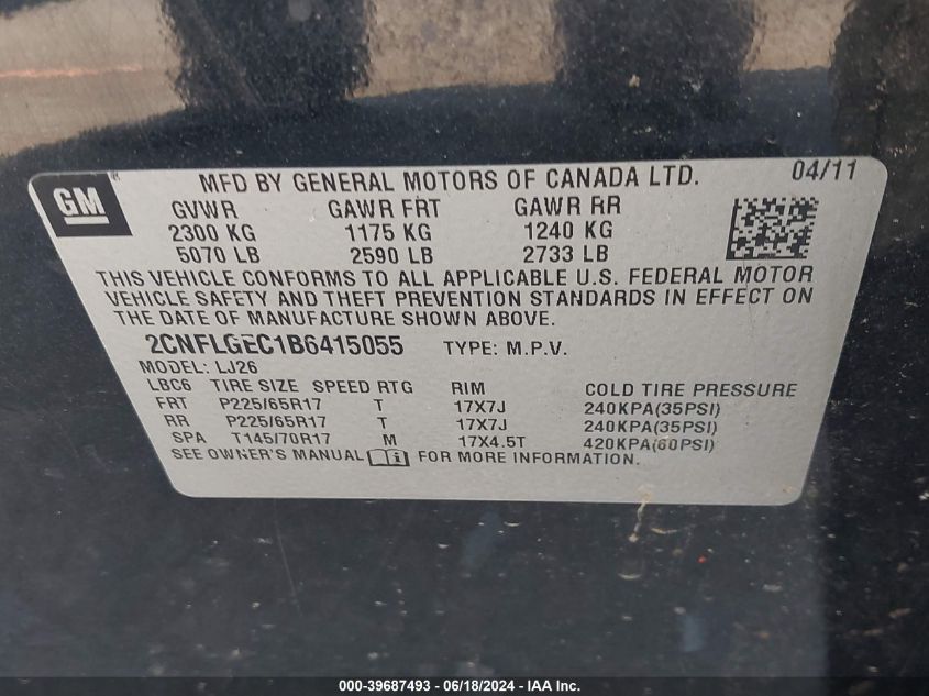 2011 Chevrolet Equinox Ltz VIN: 2CNFLGEC1B6415055 Lot: 39687493