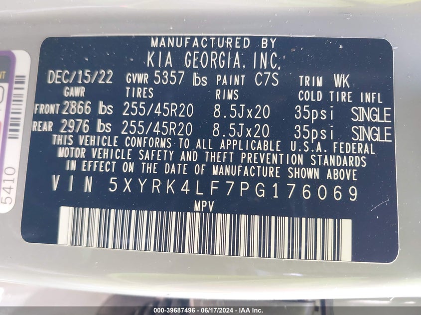 2023 Kia Sorento Sx VIN: 5XYRK4LF7PG176069 Lot: 39687496