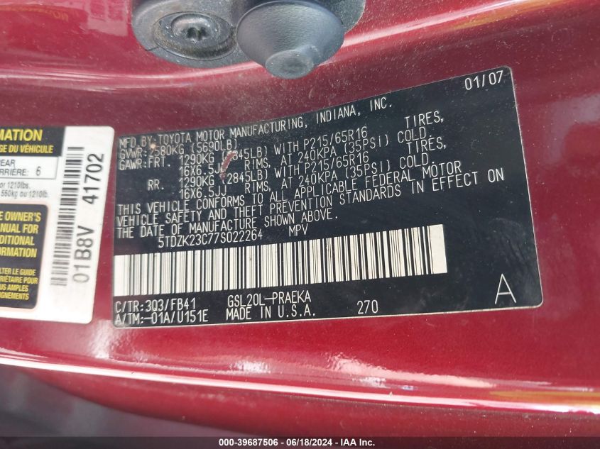 2007 Toyota Sienna Ce VIN: 5TDZK23C77S022264 Lot: 39687506