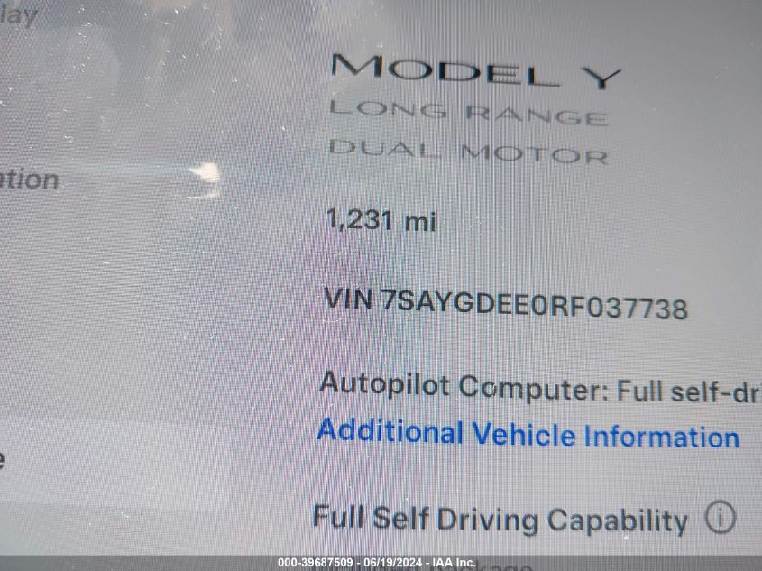 2024 Tesla Model Y Long Range Dual Motor All-Wheel Drive VIN: 7SAYGDEE0RF037738 Lot: 39687509