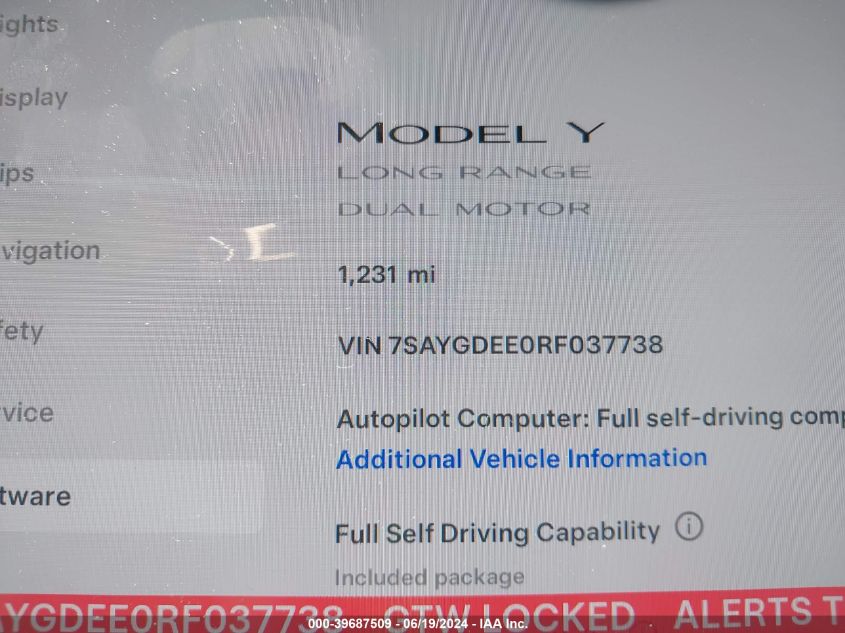 2024 Tesla Model Y Long Range Dual Motor All-Wheel Drive VIN: 7SAYGDEE0RF037738 Lot: 39687509