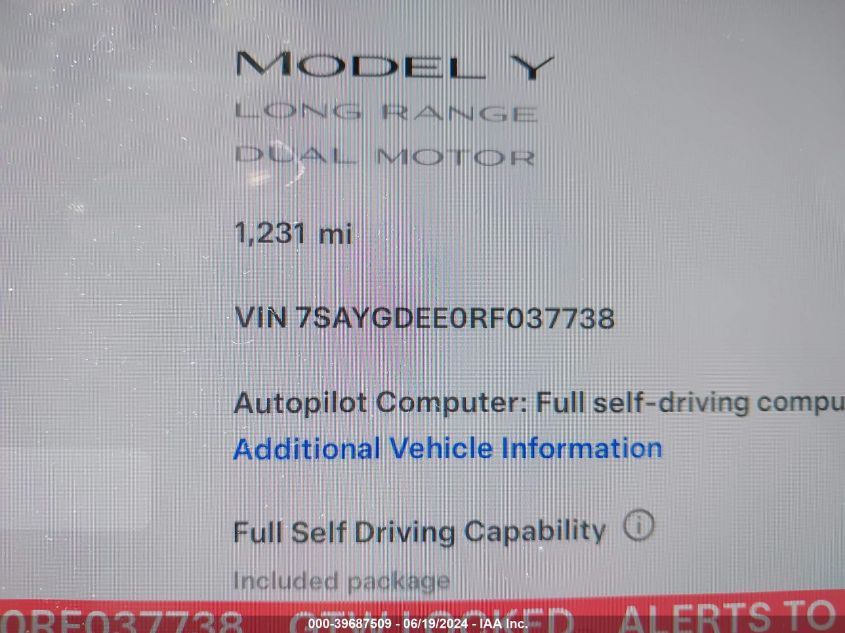 2024 Tesla Model Y Long Range Dual Motor All-Wheel Drive VIN: 7SAYGDEE0RF037738 Lot: 39687509