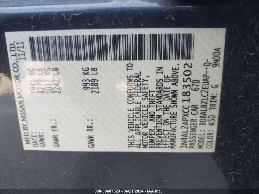 1N4AL2APXCC1H3502 2012 Nissan Altima 2.5/2.5 S