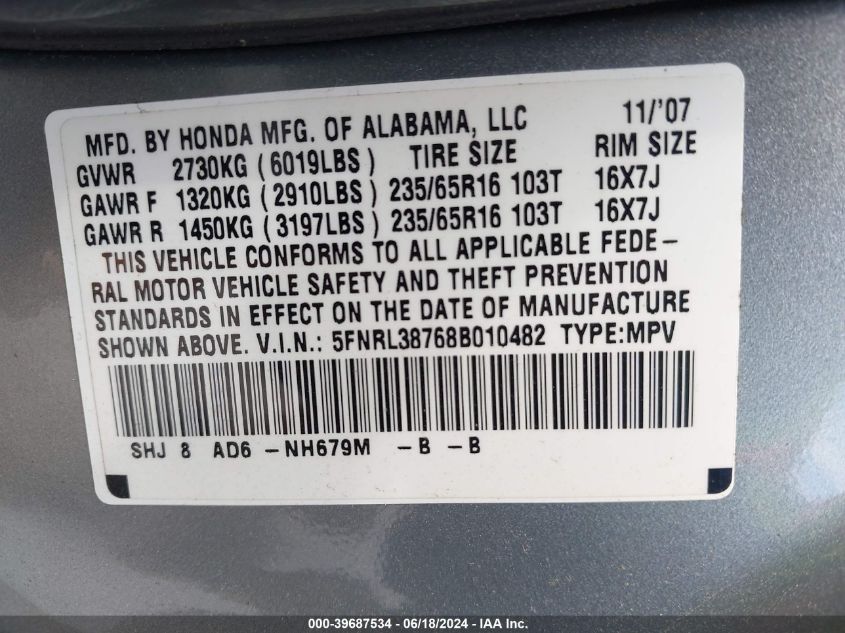 2008 Honda Odyssey Ex-L VIN: 5FNRL38768B010482 Lot: 39687534