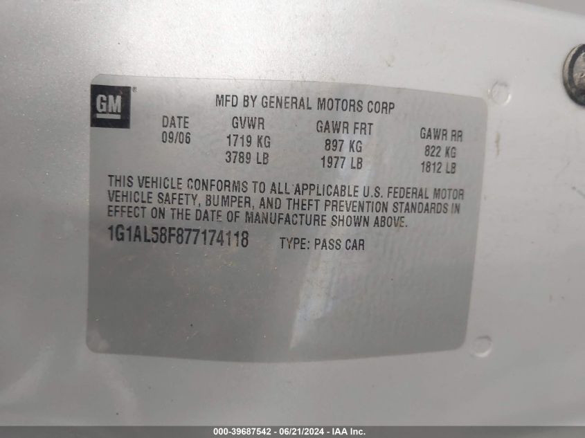 2007 Chevrolet Cobalt Lt VIN: 1G1AL58F877174118 Lot: 39687542