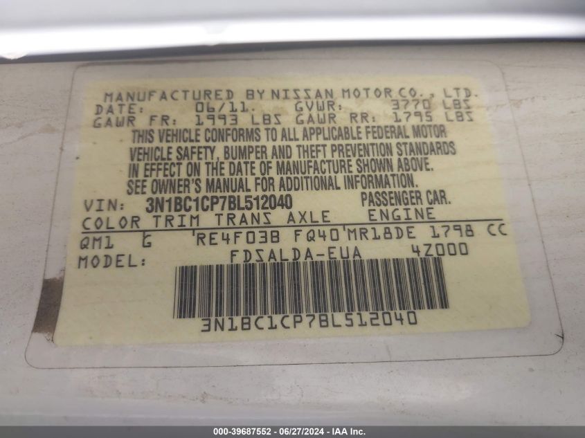 2011 Nissan Versa 1.8S VIN: 3N1BC1CP7BL512040 Lot: 39687552