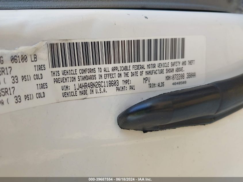 2006 Jeep Grand Cherokee Laredo VIN: 1J4HR48N26C118603 Lot: 39687554