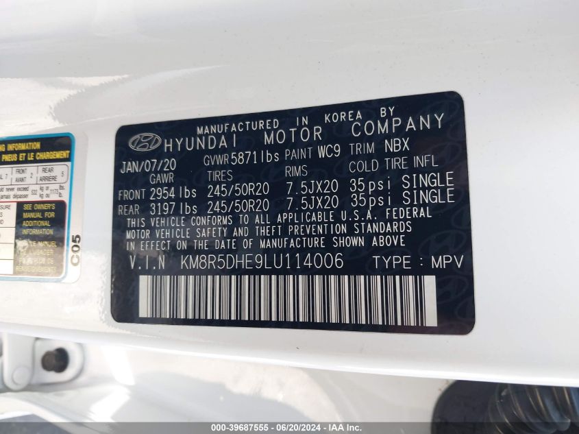 2020 Hyundai Palisade Limited VIN: KM8R5DHE9LU114006 Lot: 39687555