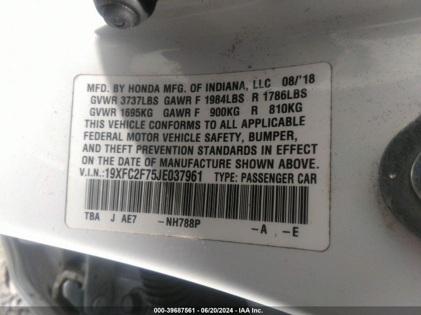 2018 Honda Civic Ex VIN: 19XFC2F75JE037961 Lot: 39687561