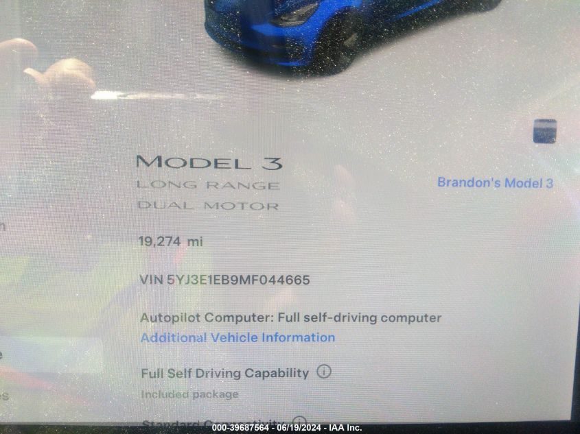 2021 Tesla Model 3 VIN: 5YJ3E1EB9MF044665 Lot: 39687564