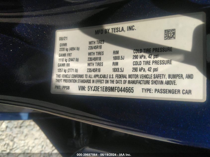 2021 Tesla Model 3 VIN: 5YJ3E1EB9MF044665 Lot: 39687564