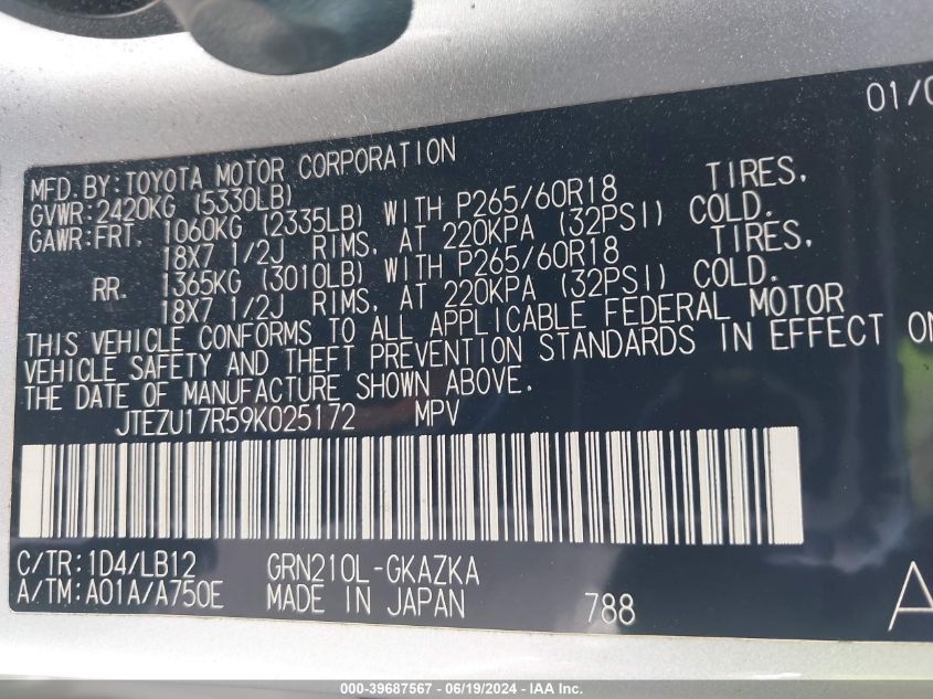 2009 Toyota 4Runner Limited VIN: JTEZU17R59K025172 Lot: 39687567