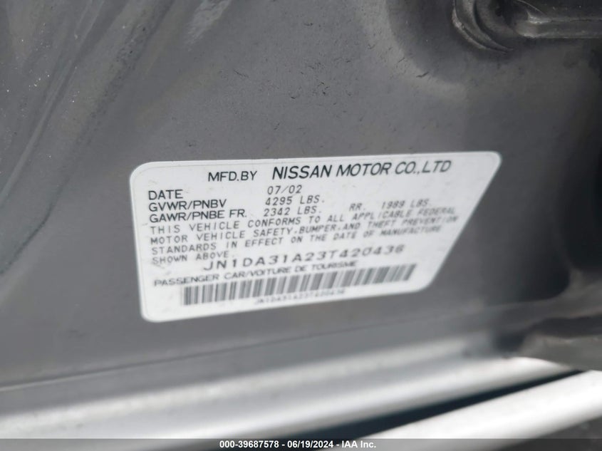 2003 Nissan Maxima Gle/Se VIN: JN1DA31A23T420436 Lot: 39687578