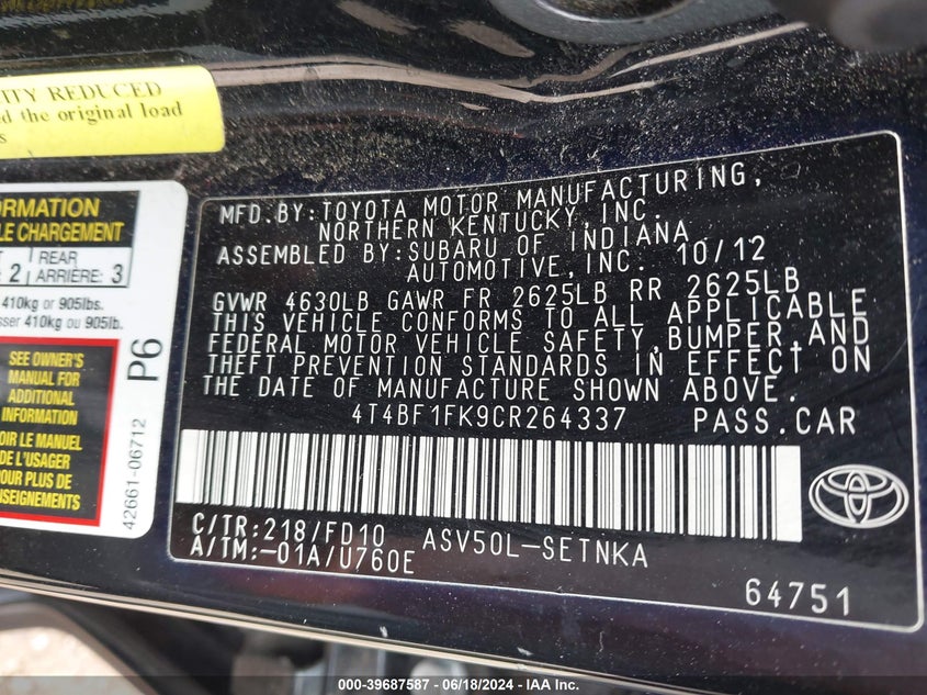 2012 Toyota Camry Le VIN: 4T4BF1FK9CR264337 Lot: 39687587