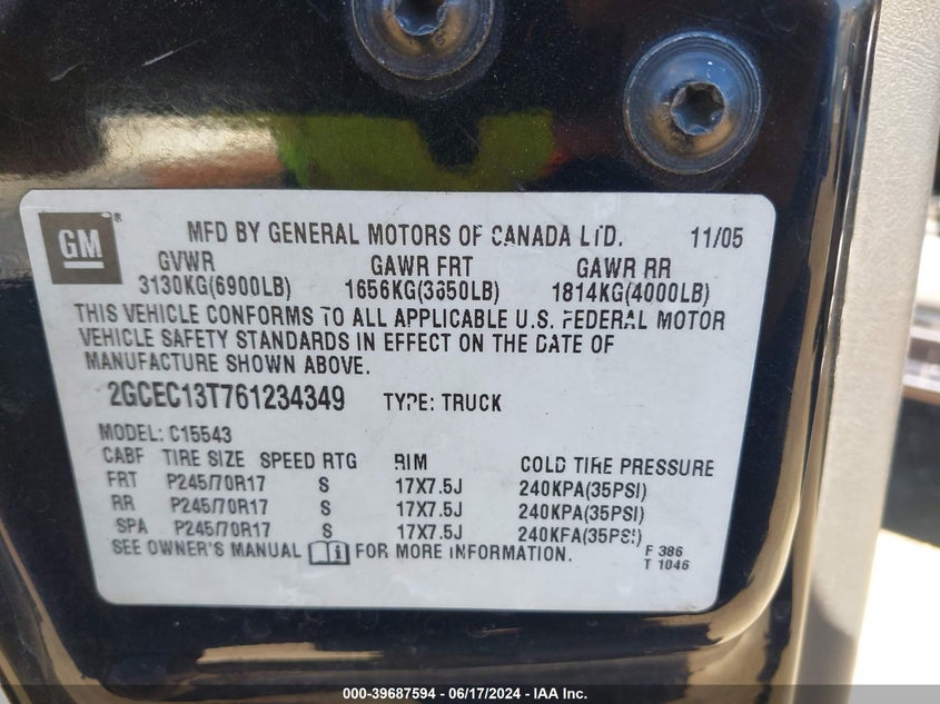 2006 Chevrolet Silverado 1500 Lt3 VIN: 2GCEC13T761234349 Lot: 39687594