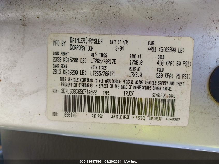 2005 Dodge Ram 3500 St/Slt VIN: 3D7LS38C65G714022 Lot: 39687595