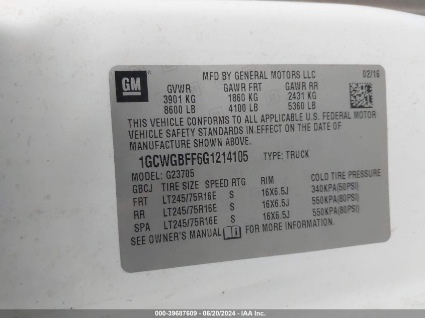 2016 Chevrolet Express 2500 VIN: 1GCWGBFF6G1214105 Lot: 39687609