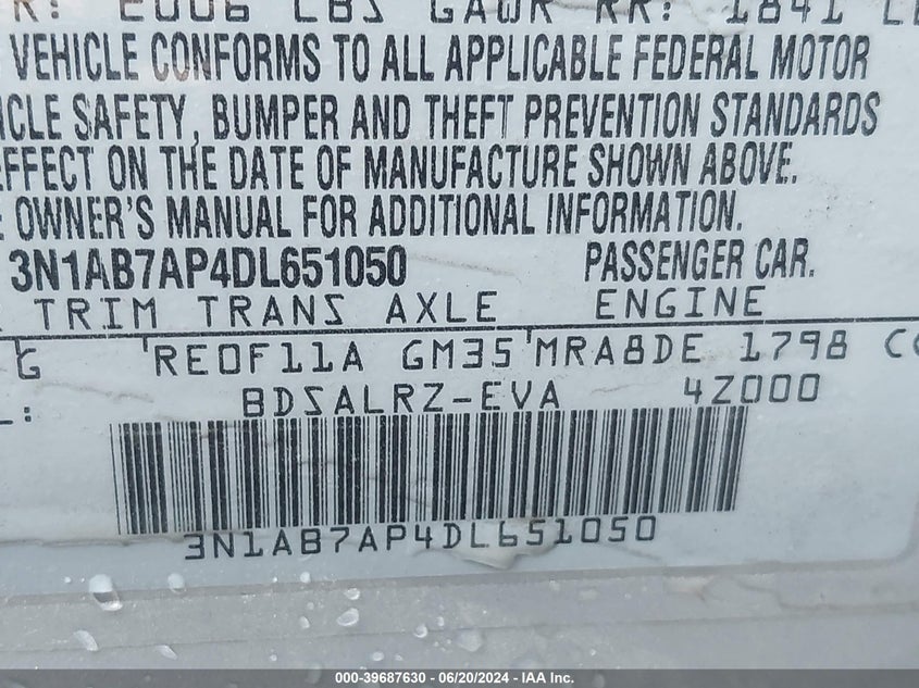 2013 Nissan Sentra Sr VIN: 3N1AB7AP4DL651050 Lot: 39687630