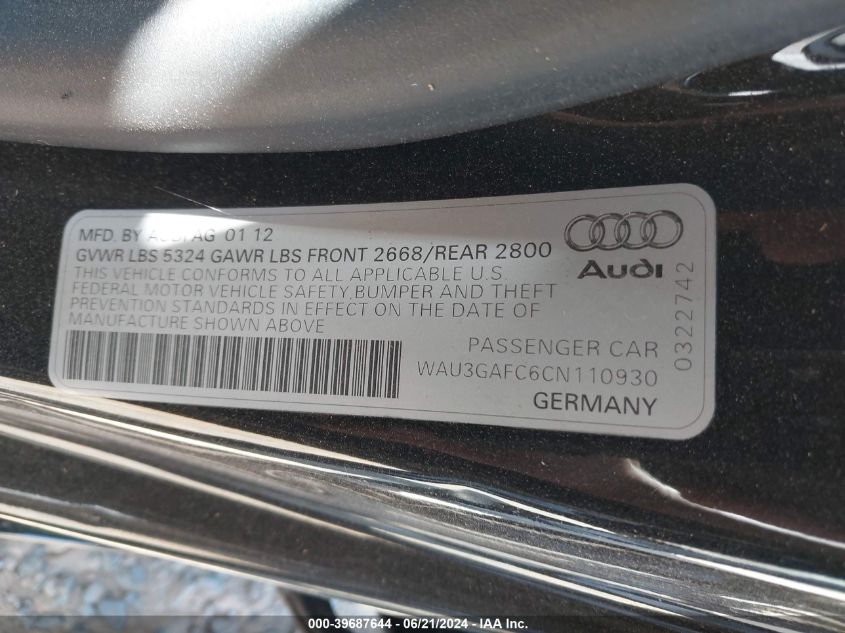 2012 Audi A7 Prestige VIN: WAU3GAFC6CN110930 Lot: 39687644