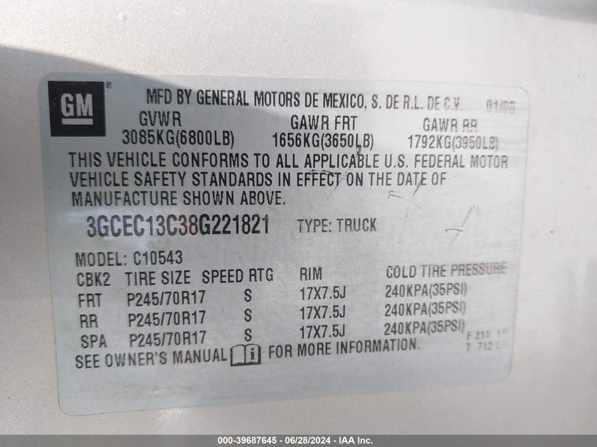 2008 Chevrolet Silverado C1500 VIN: 3GCEC13C38G221821 Lot: 39687645