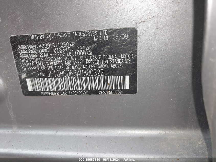 2010 Subaru Impreza Outback Sport Outback Sport VIN: JF1GH6D68AH800322 Lot: 39687660