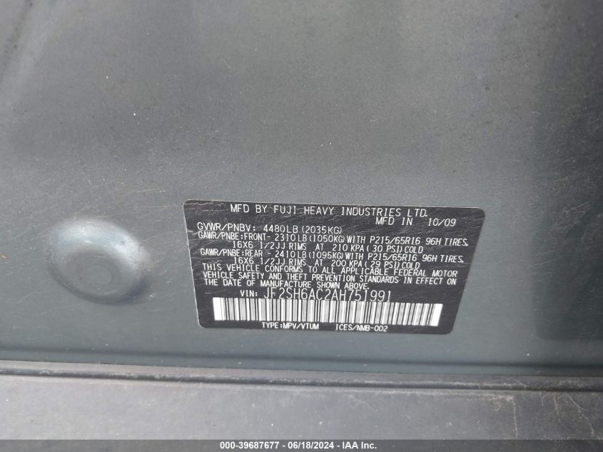 2010 Subaru Forester 2.5X VIN: JF2SH6AC2AH751991 Lot: 39687677