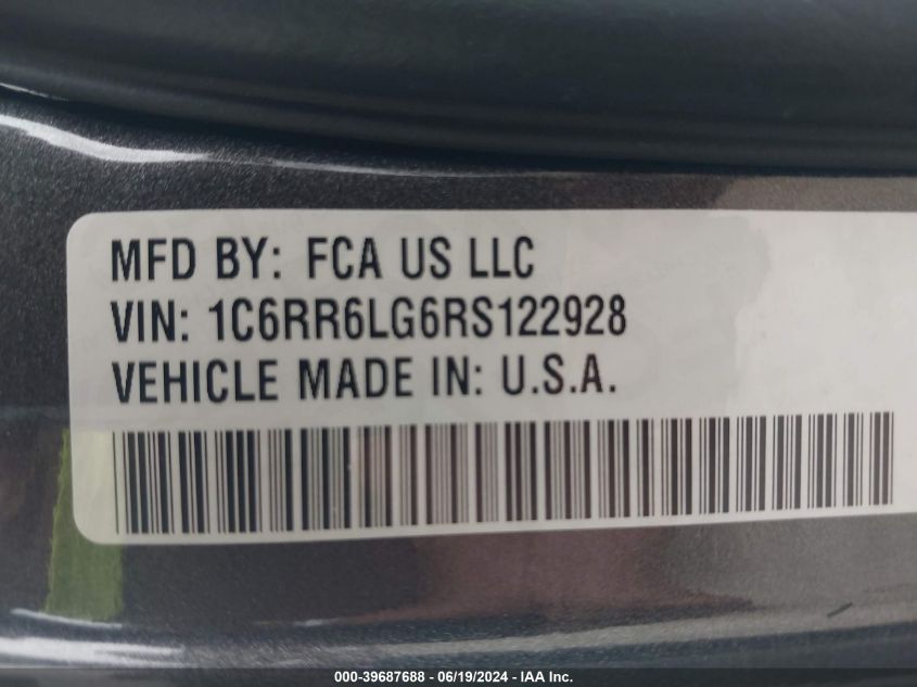 2024 Ram 1500 Classic Slt VIN: 1C6RR6LG6RS122928 Lot: 39687688